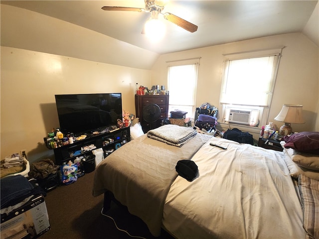 carpeted bedroom featuring ceiling fan, cooling unit, and lofted ceiling