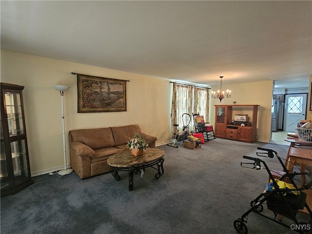 carpeted living room with a notable chandelier