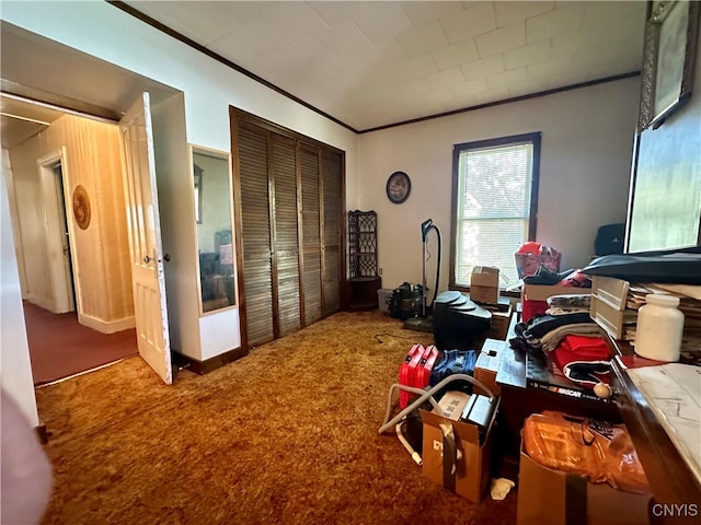 carpeted home office with crown molding