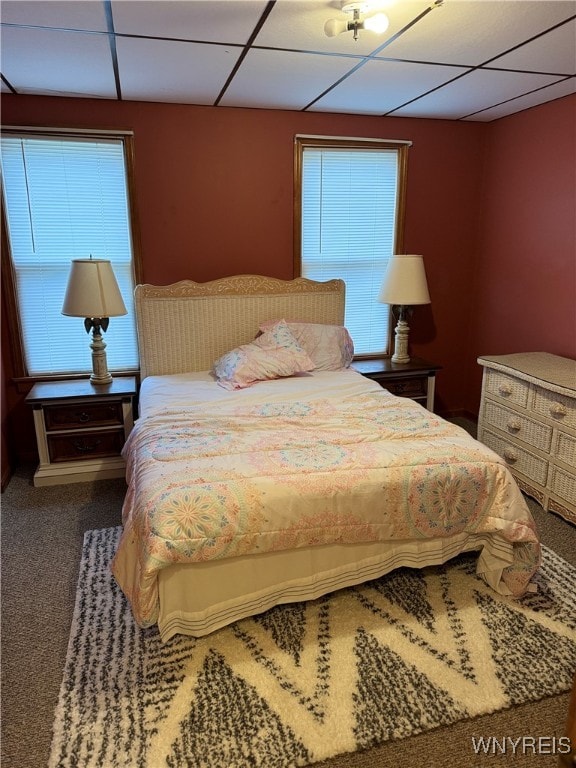 bedroom with carpet flooring, a drop ceiling, and multiple windows