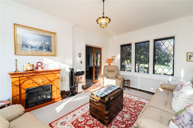 living room featuring radiator heating unit and ornamental molding