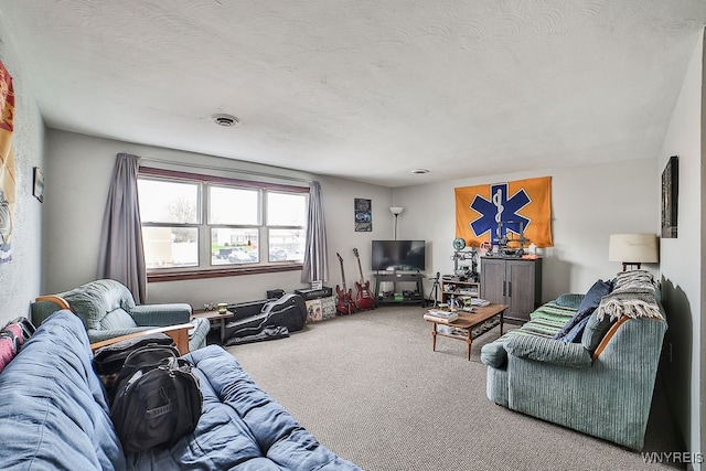 living room featuring carpet and a textured ceiling