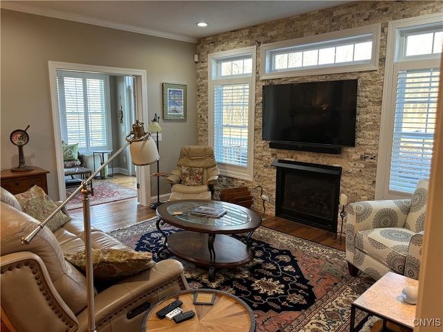 living room featuring hardwood / wood-style floors, a healthy amount of sunlight, crown molding, and a fireplace