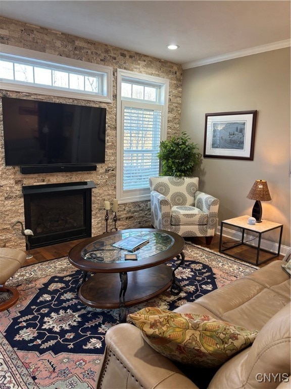 living room featuring wood-type flooring, a fireplace, and ornamental molding