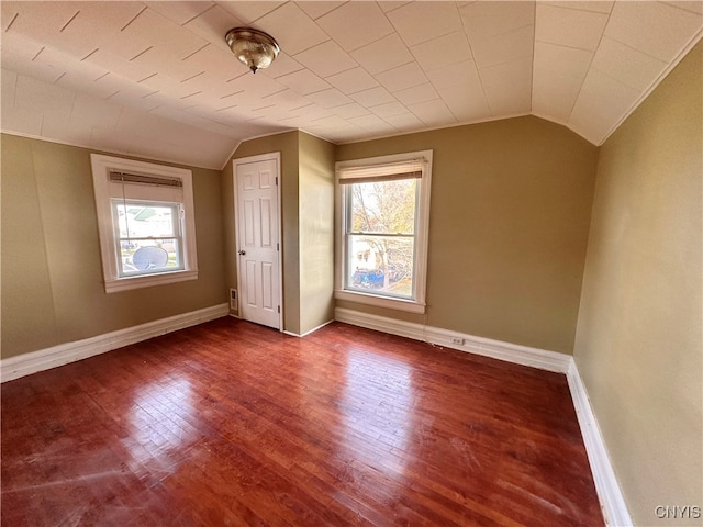 additional living space featuring a healthy amount of sunlight, dark hardwood / wood-style flooring, and lofted ceiling