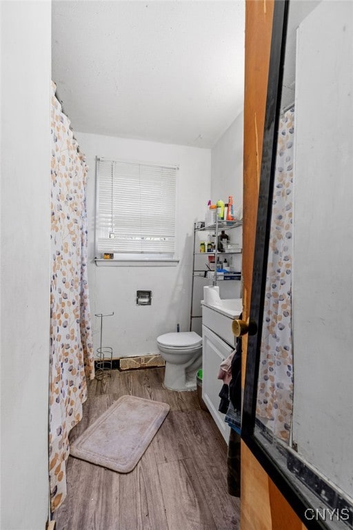 bathroom with hardwood / wood-style floors, vanity, and toilet