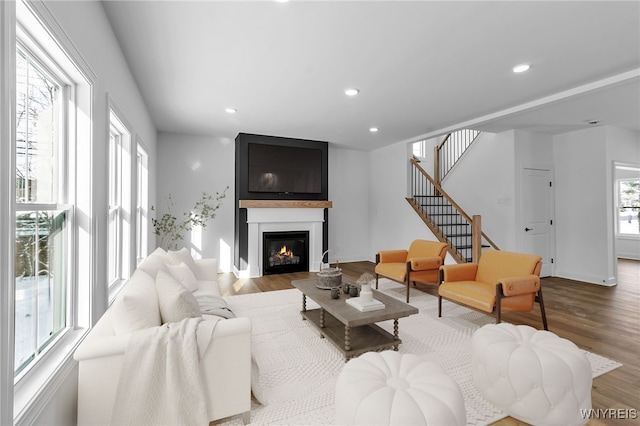 living room featuring a fireplace, wood-type flooring, and a healthy amount of sunlight