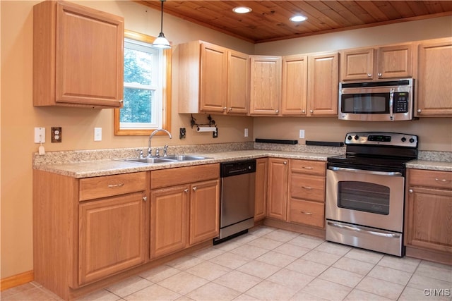 kitchen featuring sink, stainless steel appliances, pendant lighting, light tile patterned floors, and wood ceiling