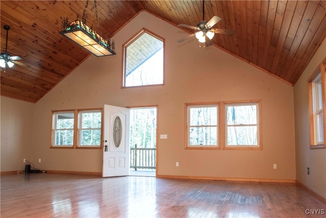 unfurnished living room with ceiling fan, wood ceiling, high vaulted ceiling, and light hardwood / wood-style flooring