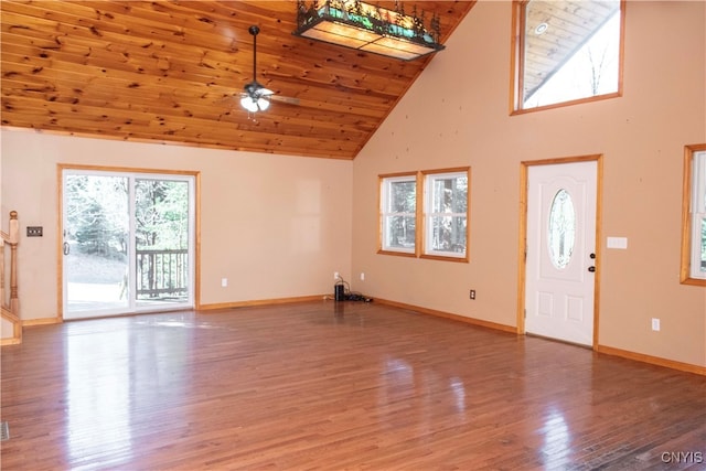 foyer entrance with wooden ceiling, high vaulted ceiling, wood-type flooring, and ceiling fan