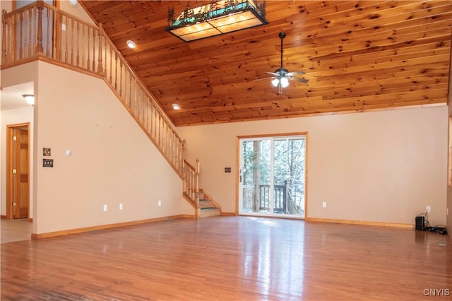 unfurnished living room with ceiling fan, high vaulted ceiling, wood ceiling, and hardwood / wood-style flooring