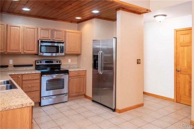 kitchen with wooden ceiling, light tile patterned flooring, and stainless steel appliances