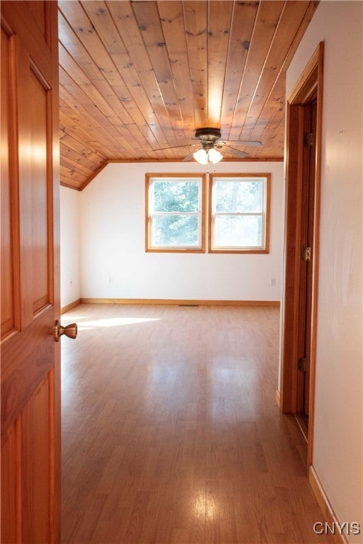 bonus room with light wood-type flooring, ceiling fan, lofted ceiling, and wood ceiling