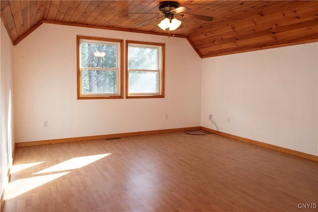 bonus room featuring ceiling fan, hardwood / wood-style floors, wooden ceiling, and vaulted ceiling