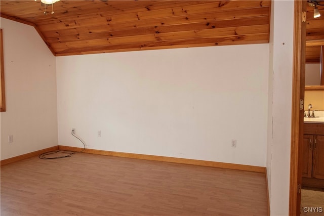 spare room featuring ceiling fan, sink, wooden ceiling, light hardwood / wood-style flooring, and vaulted ceiling