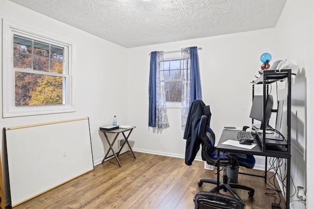 office featuring hardwood / wood-style flooring and a textured ceiling