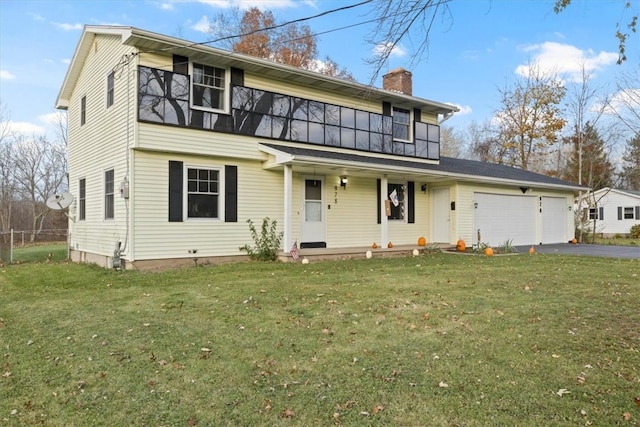 view of front of house with covered porch, a front yard, and a garage