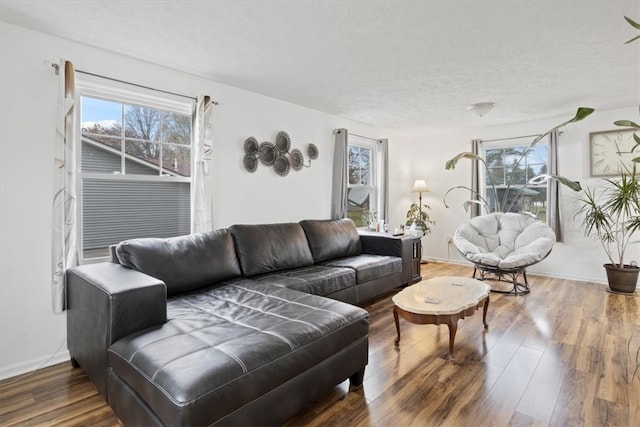 living room with a textured ceiling and dark wood-type flooring