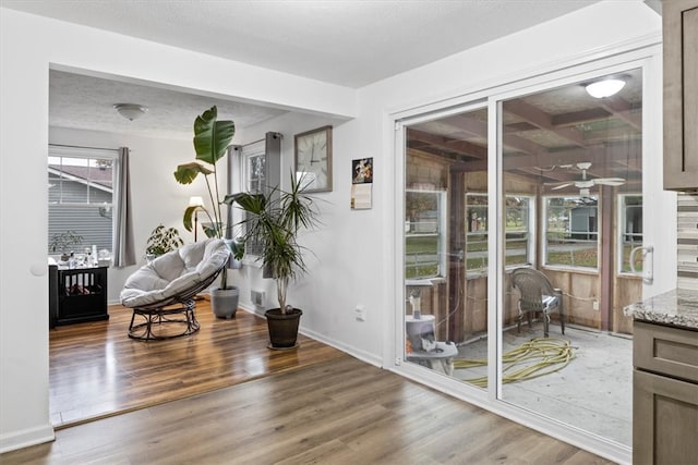 living area featuring ceiling fan, a textured ceiling, and hardwood / wood-style flooring