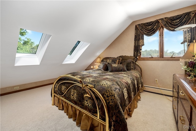 bedroom with light colored carpet, lofted ceiling with skylight, and a baseboard heating unit