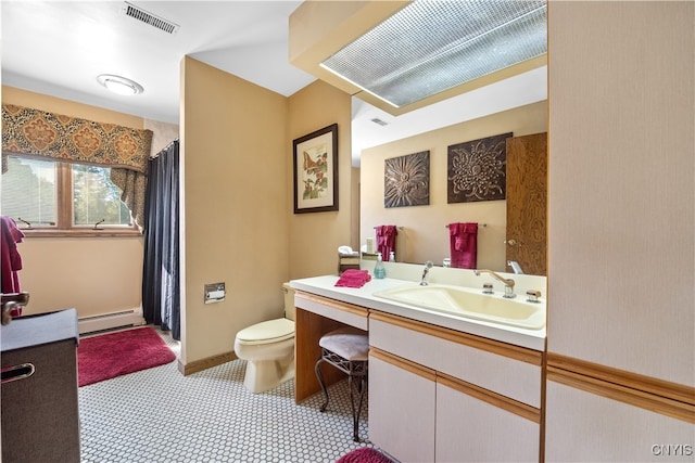 bathroom with walk in shower, vanity, a baseboard radiator, and toilet