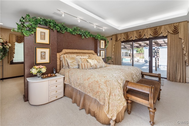 bedroom featuring access to exterior, light carpet, and track lighting