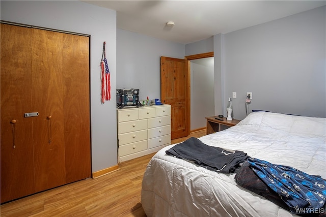 bedroom featuring light wood-type flooring and a closet