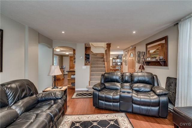 living room with light hardwood / wood-style flooring