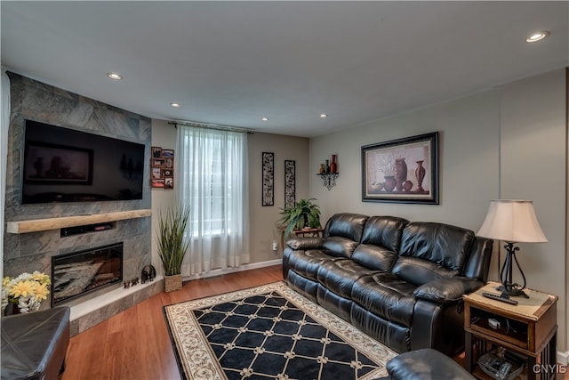 living room with a fireplace and wood-type flooring