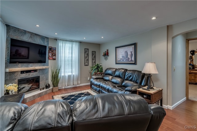 living room featuring wood-type flooring and a high end fireplace