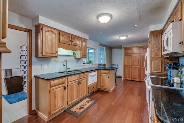 kitchen featuring sink, tasteful backsplash, light hardwood / wood-style flooring, a textured ceiling, and white appliances