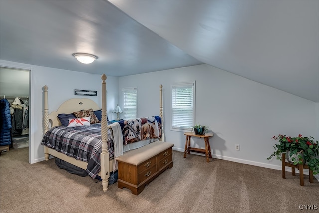 carpeted bedroom featuring vaulted ceiling and a spacious closet