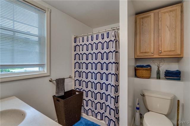 bathroom featuring a shower with curtain, toilet, and sink