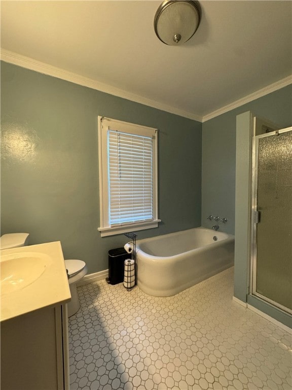 full bathroom featuring vanity, crown molding, and independent shower and bath