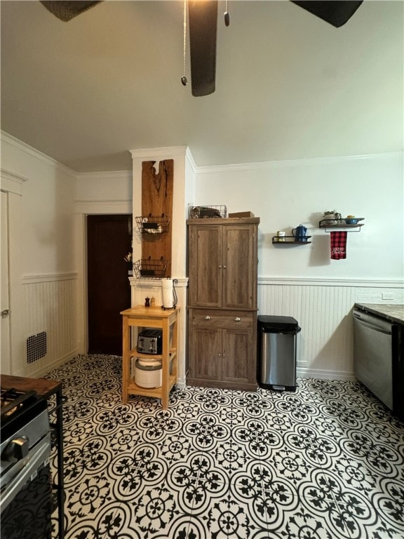 kitchen with dishwasher, ceiling fan, and crown molding