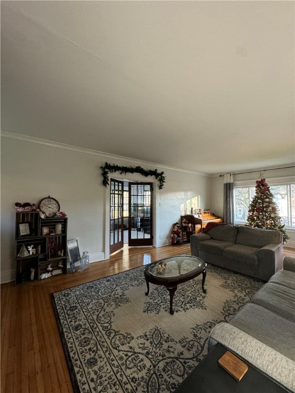 living room featuring wood-type flooring and ornamental molding