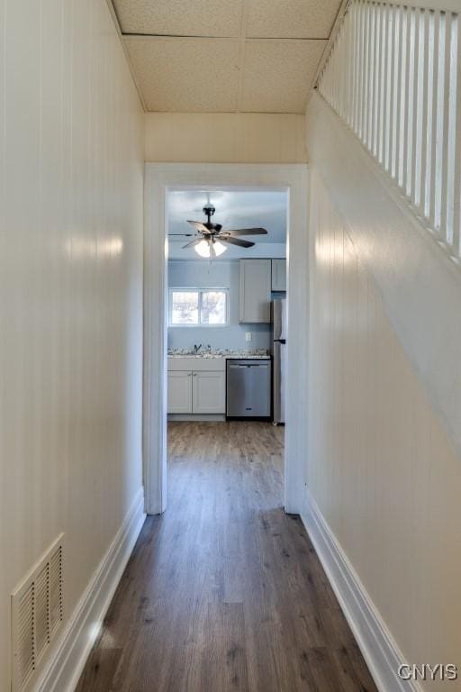 hall with a drop ceiling, dark wood-type flooring, and sink