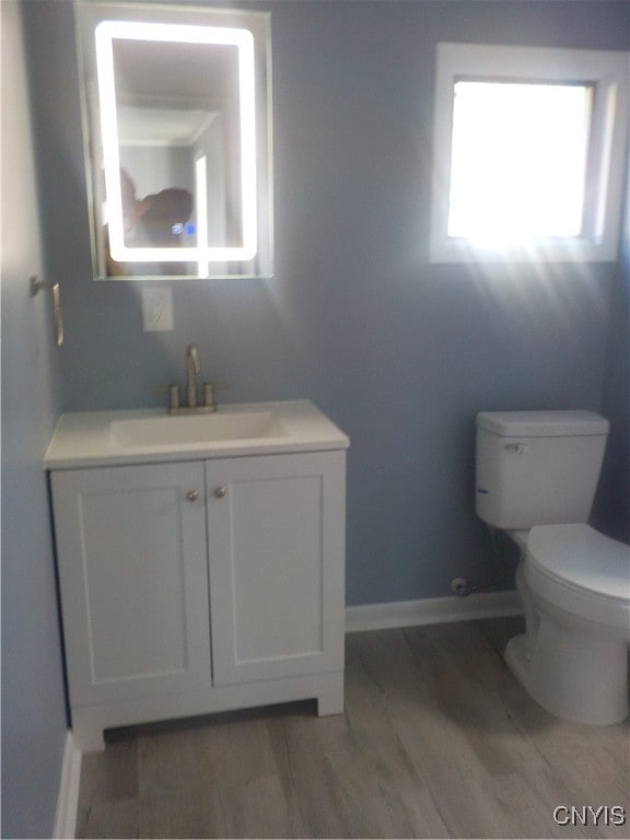 bathroom featuring vanity, wood-type flooring, and toilet