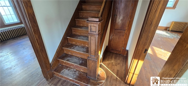 staircase with radiator and wood-type flooring