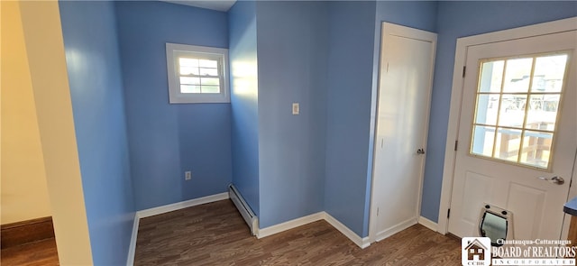 entryway with dark hardwood / wood-style flooring and baseboard heating