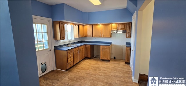 kitchen featuring lofted ceiling, light wood-type flooring, and sink