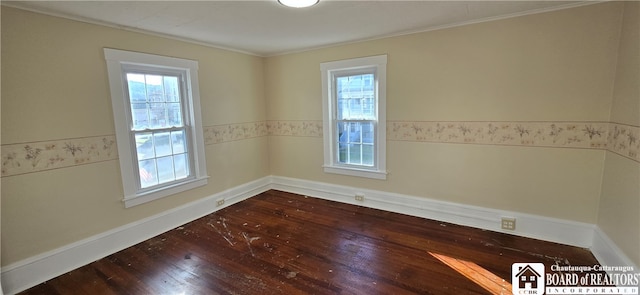 empty room featuring crown molding, a healthy amount of sunlight, and hardwood / wood-style flooring