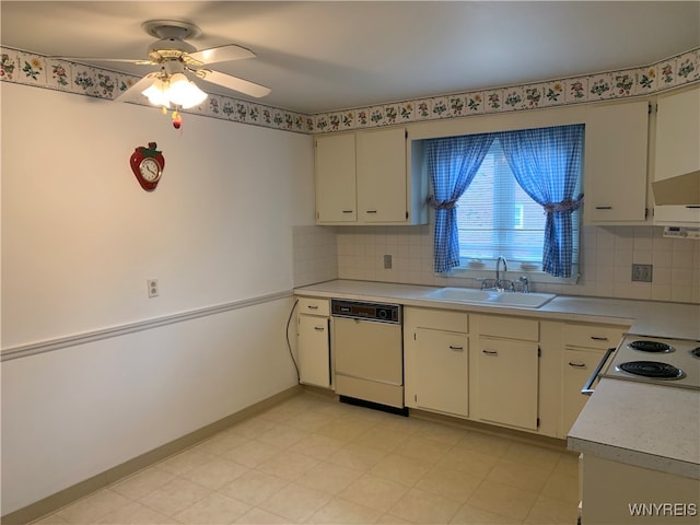 kitchen featuring white appliances, tasteful backsplash, ceiling fan, and sink