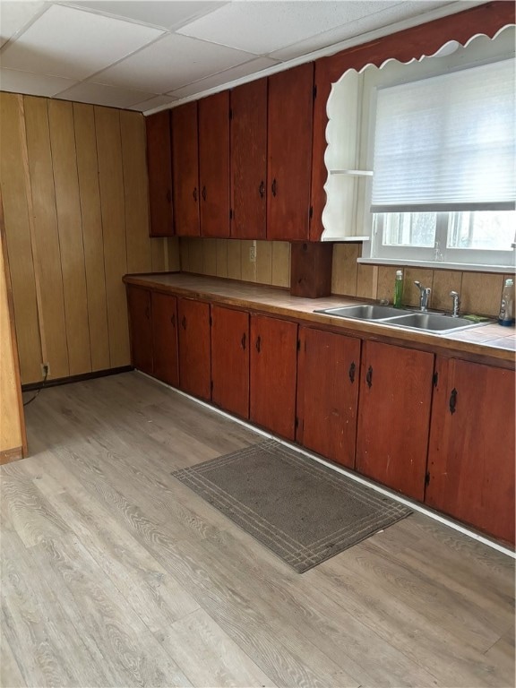 kitchen featuring a paneled ceiling, wooden walls, sink, and light hardwood / wood-style flooring