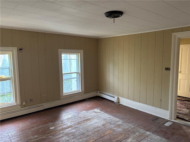 spare room with wooden walls, a healthy amount of sunlight, dark hardwood / wood-style floors, and a baseboard heating unit