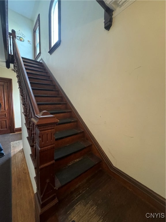 staircase featuring hardwood / wood-style flooring