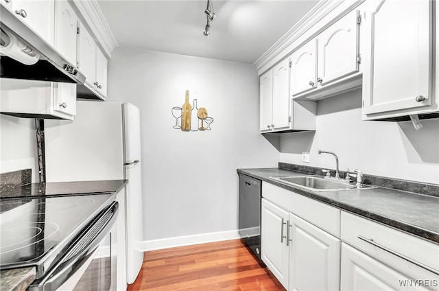 kitchen with white cabinetry, light hardwood / wood-style flooring, dishwasher, and sink