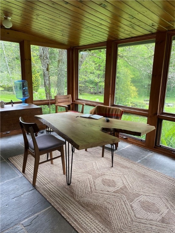 sunroom with lofted ceiling and wood ceiling