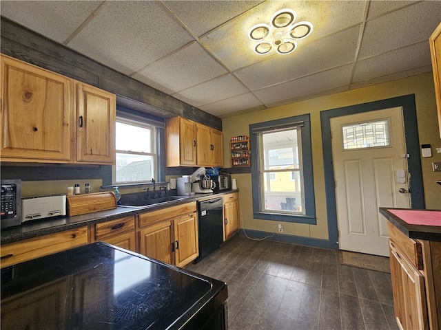 kitchen featuring dishwasher, dark hardwood / wood-style flooring, a paneled ceiling, and sink