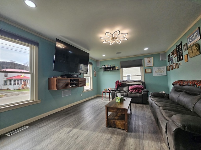 living room featuring ornamental molding and hardwood / wood-style flooring